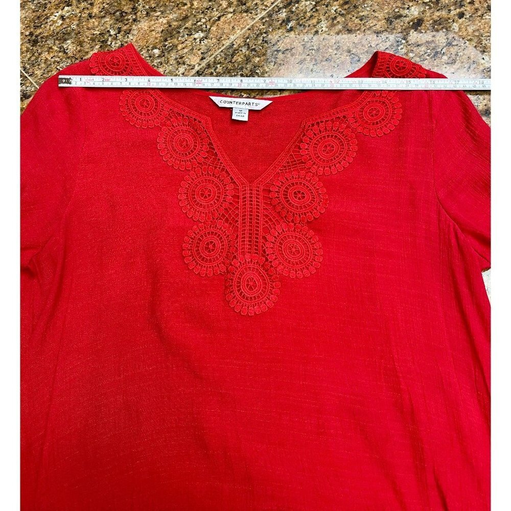 Counterparts Women Red Handkerchief Blouse Top 3/4 Sleeve Knit Lace Details Sz M - Picture 6 of 16